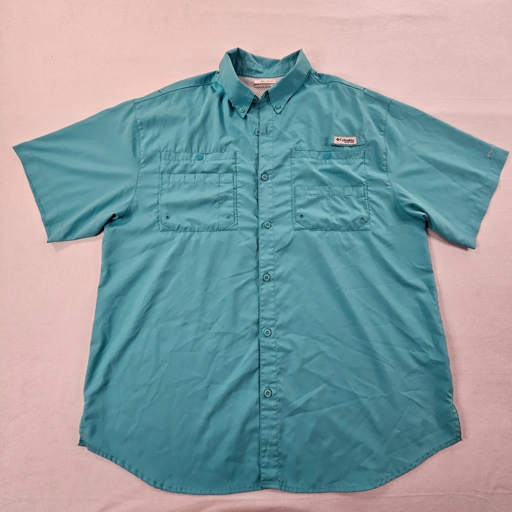 Columbia PFG Omni-Shade Blue Short Sleeve Performance Button-Up Shirt Men's XL